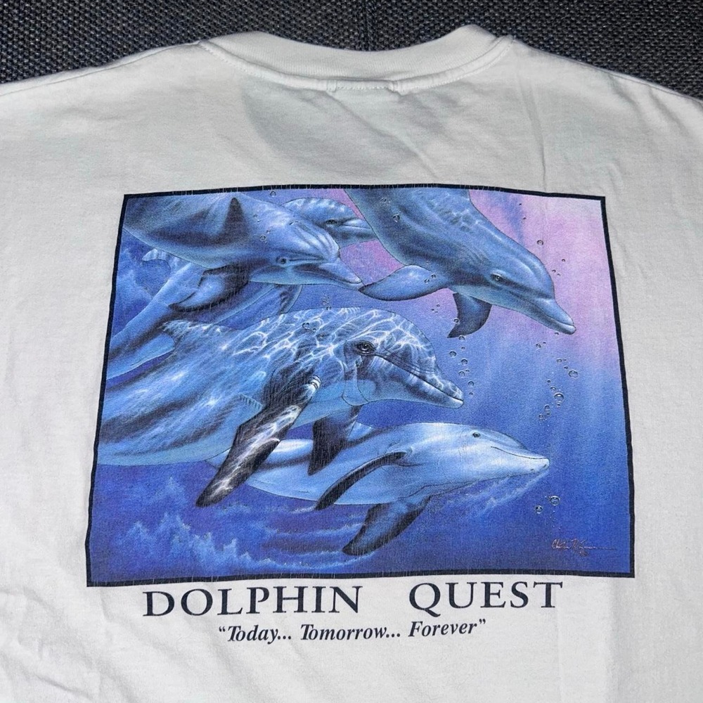 Vintage 90s Dolphin Quest Bermuda White Single Stitch T Shirt Size XL